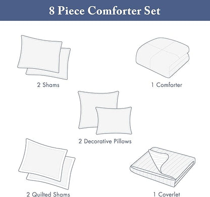 Madison Park Marina Comforter Quilt Combo Set - Modern Luxury Design, All Season Down Alternative Bedding, Matching Shams, Decorative Pillows, Full/Queen(90"x90"), Seersucker Blue 8 Piece