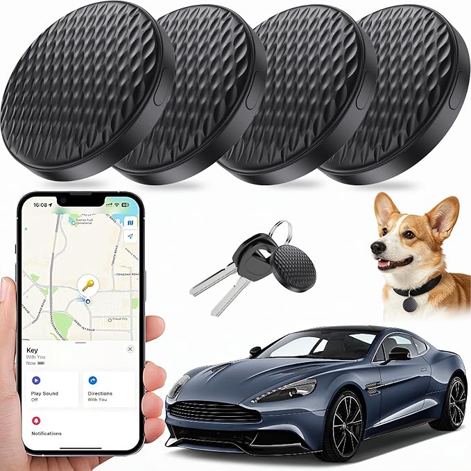 Mini GPS Tracker for Vehicles No Subscription (iOS Only) - 4 Pack | Car Tracker Tag with Audio, Hidden Tracking Device Work with Find My for Kids, Dogs, Key, Luggage