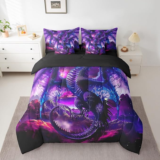 Erosebridal Dragon 7 Piece Comforter Set Full Bed in a Bag,Vintage Dreamy Blue Dragon Wings Bedding Sets Prehistoric Mythical Animal Sheet Set with Comforter