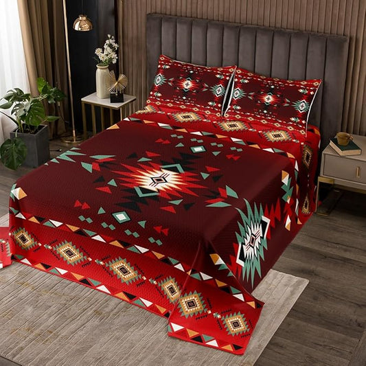 Manfei Geometric Aztec Kids Bedspread Queen Size,Western Cowboy Arrow Rustic Farmhouse Coverlet Set,Boys Girls Room Decor,Southwest Boho Tribal Quilted Coverlet,Red Black Bedding Quilt,2 Pillowcases