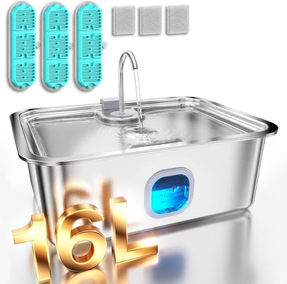 4.2Gal Dog Water Fountain for Large Dogs, 16L Stainless Steel Large Dog Fountain Water Bowl with Deeper & Wider Drinking Tray, Automatic Pet Water Dispenser with Visible Window (with 3 Filters)