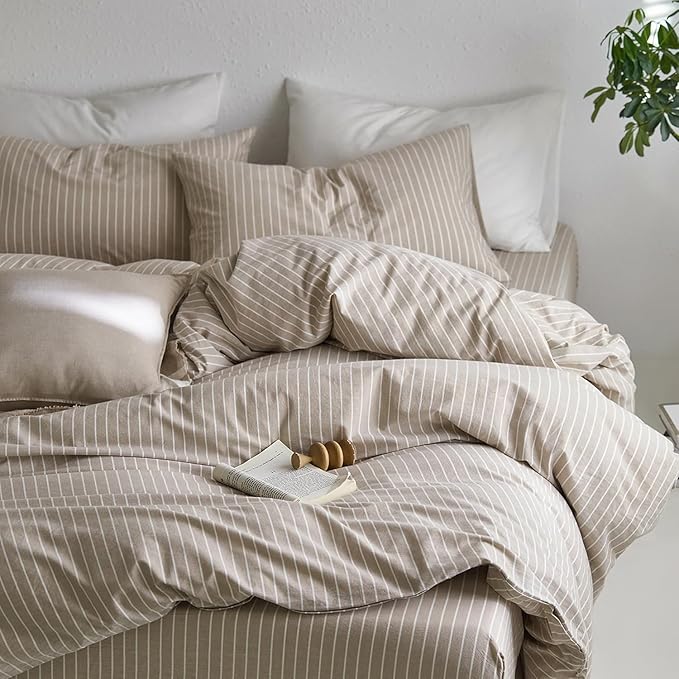 Nayoroom Brown Striped Duvet Cover King Size 100% Washed Cotton White Pinstripe Duvet Cover 3 Pieces Soft Breathable Girls Dorm Bedding Set for Hot Sleepers, Yarn Dyed Process