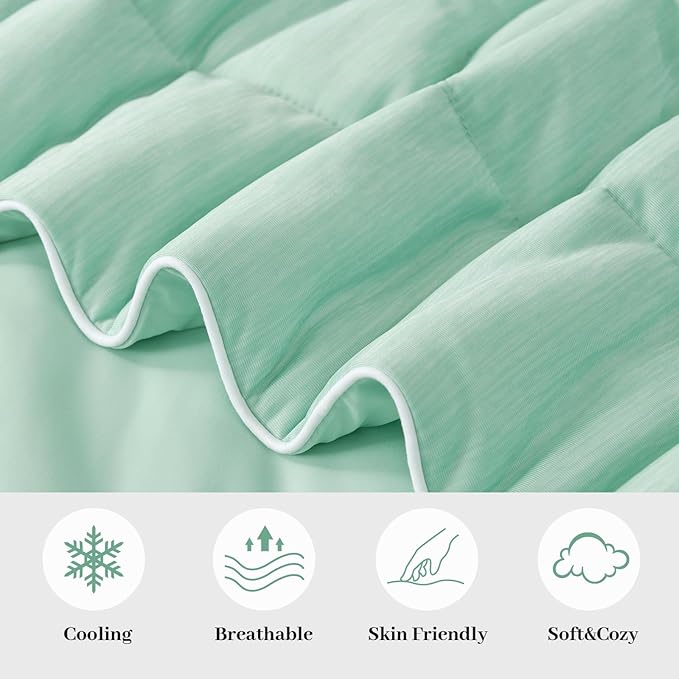 Amélie Home Cooling Comforter Twin Size, Dual-Sided Lightweight Cooling Blanket for Hot Sleepers, Q-Max 0.43 Breathable Cooling Quilt for Night Sweats, 68" x 90", Heather Mint Green