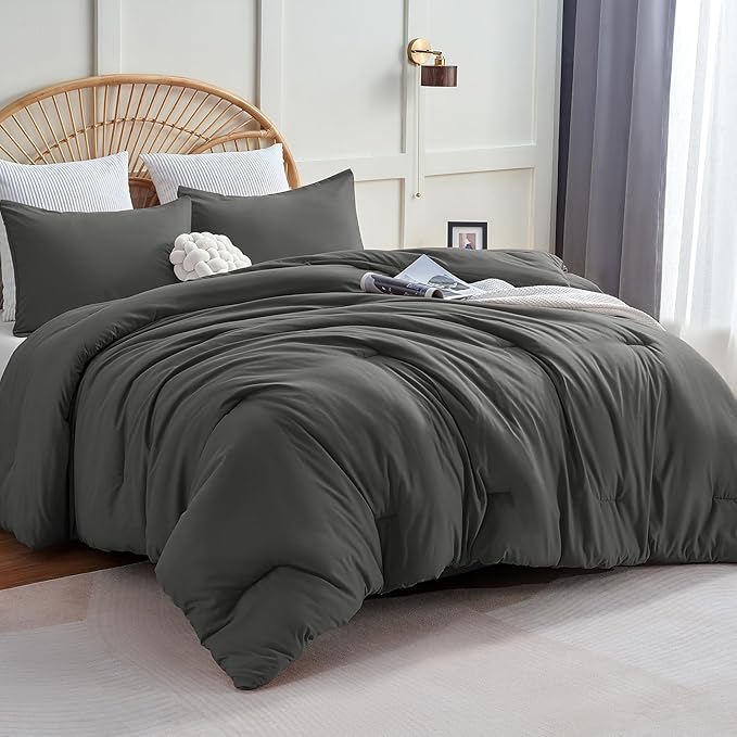 CozyLux Twin/Twin XL Comforter Set Dark Grey, 2 Pieces Twin Extra Long Solid Breathable Bedding Set for College Dorm, Dark Gray Luxury Soft Bed Set with Down Alternative Comforter and 1 Pillowcase