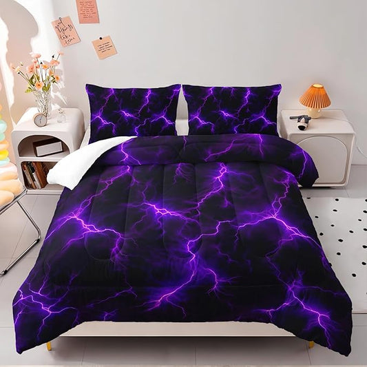 Violet Lightning Comforter Set Queen Thunder Bedding Sets 3PCS for Kids Teen Adult Violet Room Decor Ultra-Soft Lightweight Microfiber 1 Comforter with 2 Pillowcases