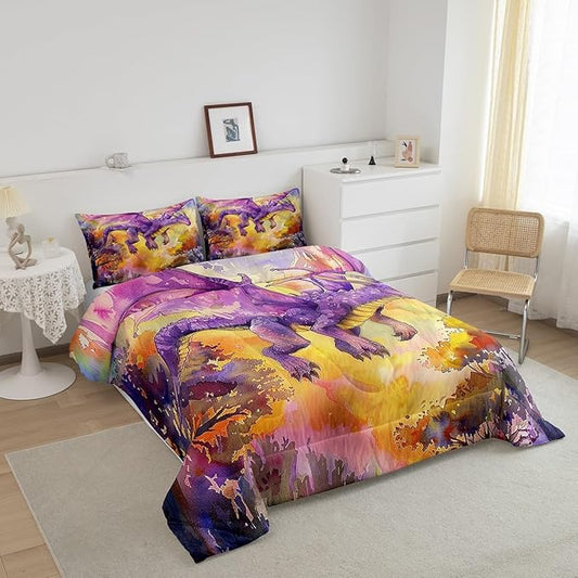 Purple Dragon Comforter Set King Size,Cartoon Animal Bedding Set for Kids Boys Girls Room Decor,Watercolor Abstract Art Duvet Insert 3Pcs,Jungle Flying Dragon Wildlife Quilt Set,2 Pillowcases