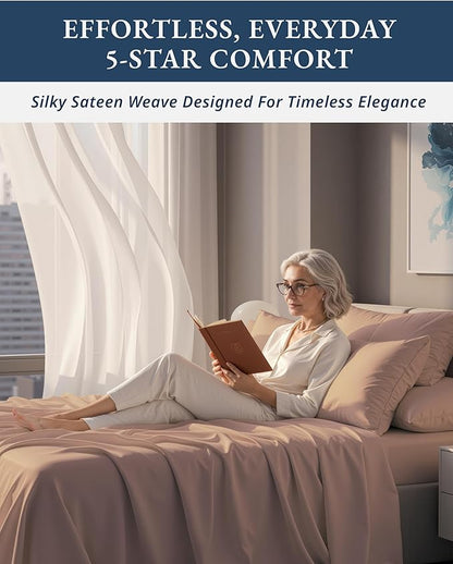 LANE LINEN Luxury 100% Egyptian Cotton Bed Sheets Full Size, Fully Elasticized Reinforced 15 Inch Extra Deep Pocket Full Sheets, Soft & Comfy Sateen Weave for Silky Finish - Sepia Rose