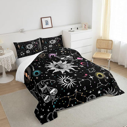 Bohemian Sun Moon Comforter Set Queen Trippy Stars Style Bedding Sets For Kids Teens Zodiac Libra Pattern Duvet Insert Universe Planet Bedding Boho Moon Phase Bedding Comforter Set Home Decor, Black