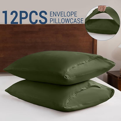 Pillowcases Queen 12 Pack, 20x30 Pillow Cases with Envelope Closure, Soft Plain Brushed Microfiber Covers Breathable Wrinkle-Resistant, Olive Green