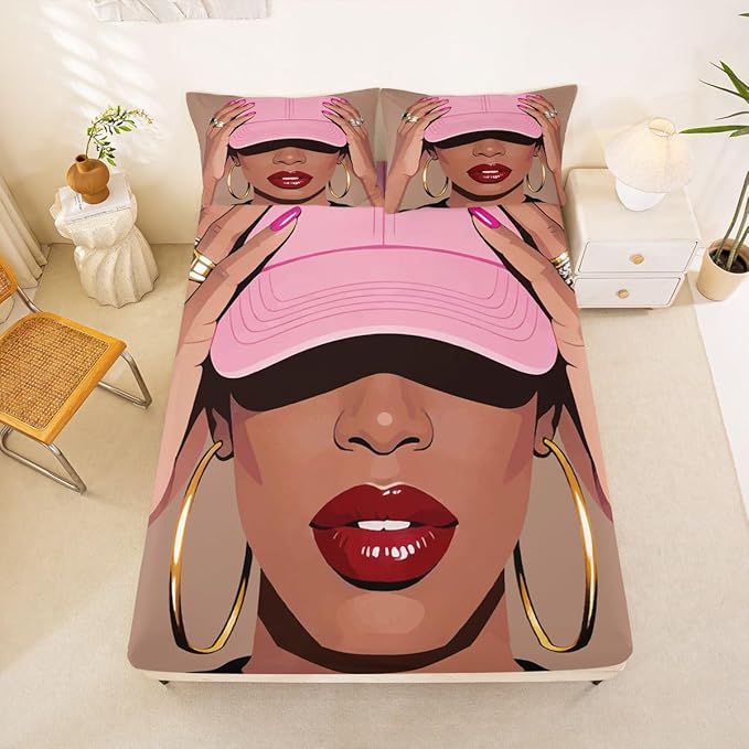 Erosebridal Black Girls Queen Size Bed Sheets Fashion Black Woman Fitted Sheet for Girls Kids Vogue Fashionable Gorgeous Bedding Set for Teens Children Women African Princess Magical Sheets