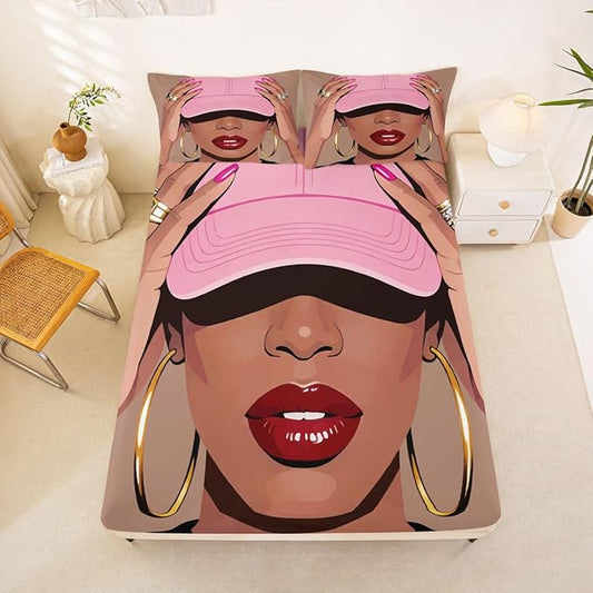 Erosebridal Black Girls Full Size Bed Sheets Fashion Black Woman Fitted Sheet for Girls Kids Vogue Fashionable Gorgeous Bedding Set for Teens Children Women African Princess Magical Sheets