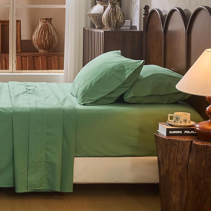 100% Linen Sheet Set Cal King Size Extra Deep Pocket Fits 18-24 Inch Mattress, Breathable & Soft, Smooth 4-Piece Set for Thick Mattresses Hotel Luxury Bedding（Cal King, Sage Green）