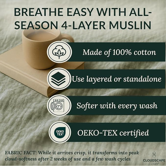 CLOUDSCAPE 100% Cotton Muslin Throw Blanket for Adults - 4 Layer 50x70 Oversized Breathable Gauze Bedding, All Season Spring Gifting, Cozy Lightweight Throw for Sofa, Couch, Home Decor - Olive Green