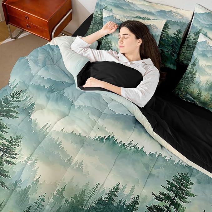 Erosebridal Green Forest Full Comforter Set with Sheets 7 Piece Woodland Mountain Bed in A Bag Watercolor Pine Tree Bedding Sets for Kids Adults,Nature Aesthetics Bed Set