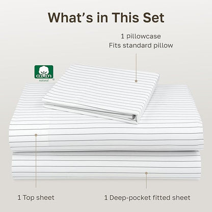 California Design Den Printed Twin XL Sheet Sets - 400 Thread Count Sateen, Natural 100% Cotton Sheets Set, Deep Pockets, and Durable Bedding Set - Pinstriped