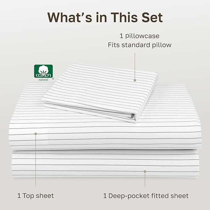 California Design Den Deep Pocket Twin Sheets Set - 400 Thread Count Sateen, Natural 100% Cotton Sheets, and Durable Bedding Set - Pinstriped
