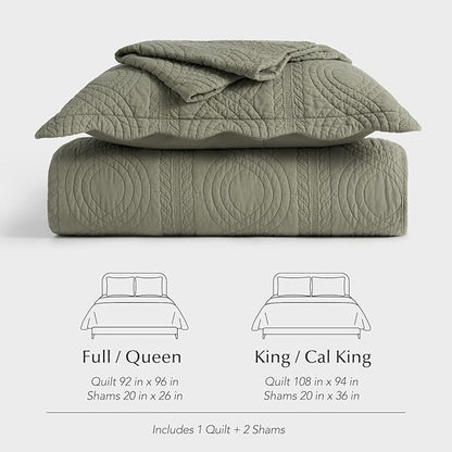 EVERGRACEHOME 100% Cotton Scallop Quilt Set, King Size 3 Piece Set – Lightweight Bedspread with 2 Shams, Soft Prewashed Matelasse Coverlet for Cozy and Elegant Bedding, Olive Green