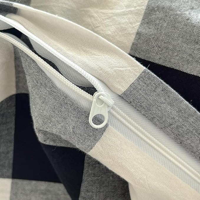 FACE TWO FACE Bedding Duvet Cover Set100% Washed Cotton Duvet Cover Linen Like Textured Breathable Durable Soft Comfy (Queen, Black and White Grid)