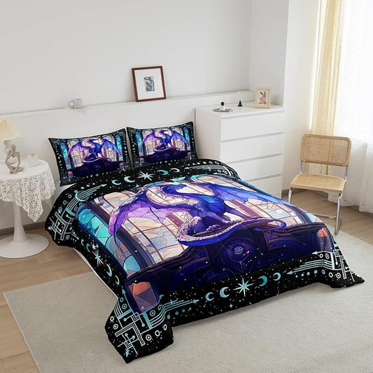 Feelyou Dragon Comforter Set Toddler Size Dragon Stuff Comforter for Boys Girls Teens Modern Bedding Set Dragon Decor Duvet Set Room Decor Purple Quilt Set