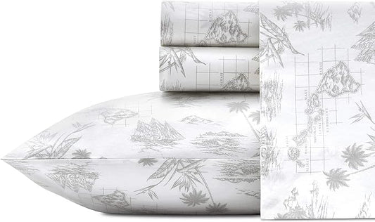 Tommy Bahama - King Size Sheets Set, Crisp & Tailored Cooling Sheets with a Smooth Cotton Percale Lightweight Feel - Bed Sheets with Matching Pillowcases & Fitted Sheet (Vintage Map Grey)
