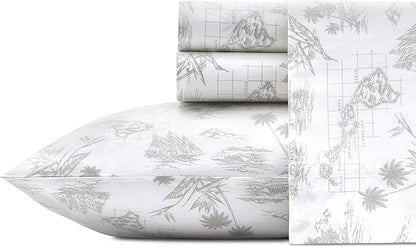 Tommy Bahama - Queen Size Sheets Set, Crisp & Tailored Cooling Sheets with a Smooth Cotton Percale Lightweight Feel - Bed Sheets with Matching Pillowcases & Fitted Sheet (Vintage Map Grey)