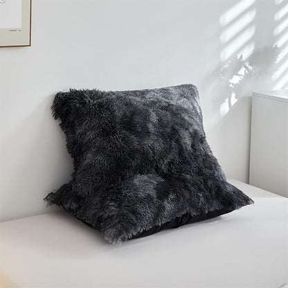 Wajade Faux Fur Plush Tie Dye Black Comforter Set Fluffy Fuzzy Shaggy Bedding Set - 3PC Full Size Microfiber Soft Warm Quilt Set
