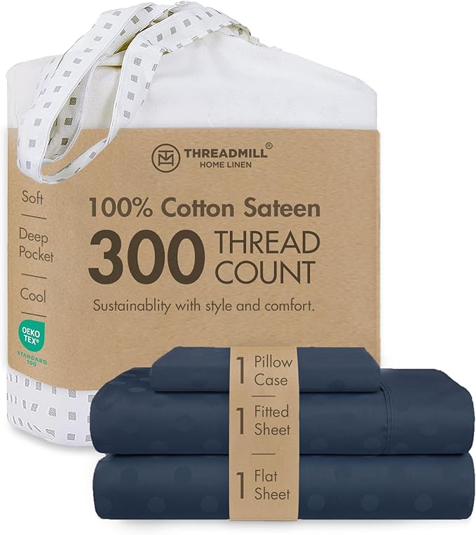 Threadmill Cotton Twin XL Sheet Set | 100% Cotton Sheets for Twin XL Size Bed | Damask Jacquard Sateen Twin XL Bed Sheets Set | 16” Deep Pocket | Soft Breathable 3pc Cooling Sheet Set | Folkstone Blue