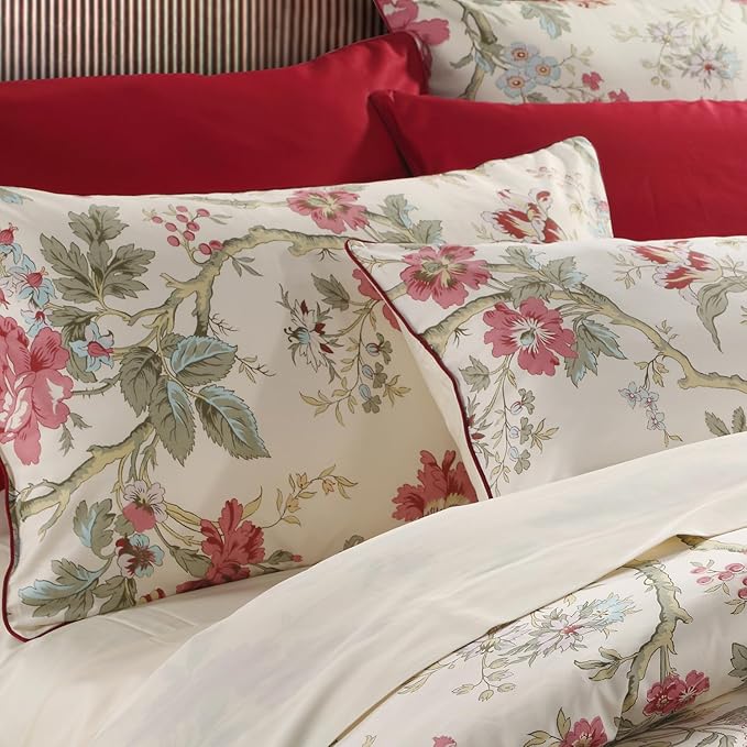 WINLIFE 100% Cotton Pillowcases Floral Printed Pillow Cases Set of 2 Red Flowers and Green Branches Leaf Pattern Pillow Cover King 20x36''