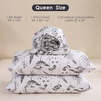 JSD Boho Floral Sheet Set Queen Size, 4 Piece Grey Herbs Ferns Printed Microfiber Bed Sheets Deep Pocket