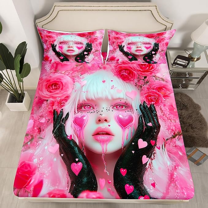 Erosebridal Pink Girl Bed Sheets Twin Size Romance Rose Flowers Toddler Bedding Sets for Girls Anime Fitted Sheet, Modern Fashion Lady Art Love Hearts Sheets with 1 Pillowcase