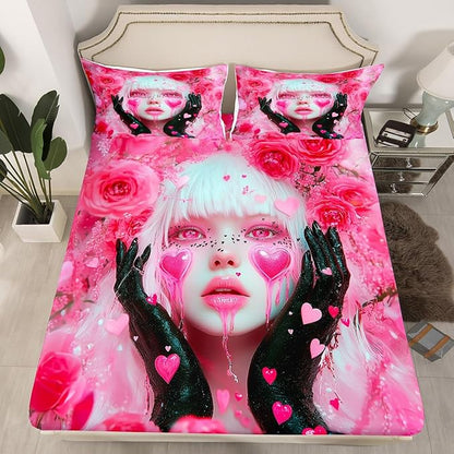 Erosebridal Pink Girl Bed Sheets Twin Size Romance Rose Flowers Toddler Bedding Sets for Girls Anime Fitted Sheet, Modern Fashion Lady Art Love Hearts Sheets with 1 Pillowcase