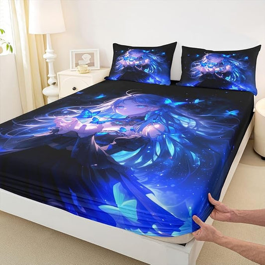 Erosebridal 3D Japanese Girl Fitted Sheet for Boys Girls Kids Blue Butterfly Decorations Full Bed Sheets,Cartoon Sheets Anime Gifts for Her Bedding Sets, No Top Sheet