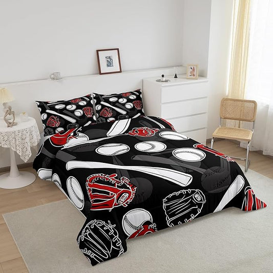 Erosebridal 3D Baseball Comforter Set Queen Sport Theme Bedding Set Men Young Ball Games Bedding Comforter Sets Black White Grey Down Comforter Lightweight Bedroom Decor with 2 Pillow Cases