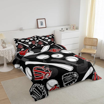 Erosebridal Baseball Comforter Set Queen Cartoon Baseballs Bedding Set 3D Ball Sport Games Bedding Comforter Sets Black White Gray Quilt Soft Bedroom Decor Gift for Teens Boys