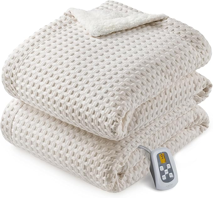 CAROMIO Heated Blanket Twin Size, Waffle Weave Electric Throw Blanket Fast Heating with LCD Controller, 10 Heat Levels & 1-12H Time Settings Auto Off, ETL Certified, Beige, 62" x 84"