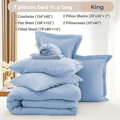 MUXHOMO 7 Pieces King Comforter Set, Soft Bed in a Bag King Size, All Season Bedding Set with Comforter, Flat Sheet, Fitted Sheet, Pillowcases & Shams, Greyish Blue