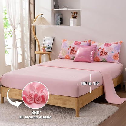 A Nice Night 6 Piece Comforter Set Bed in a Bag with Comforter & Sheet Set,Watercolor Pink Hearts Pattern Flower Strawberries Printed Bedding Sets Kids Girls,Full