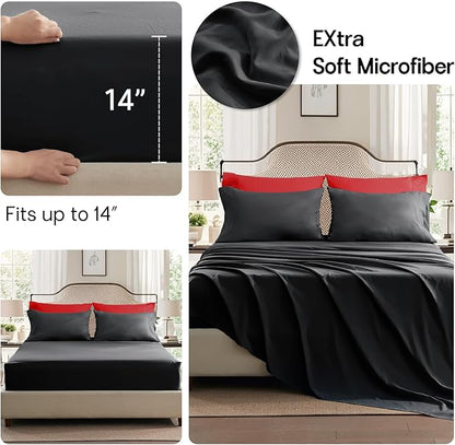 Anluoer Black and Red Twin Comforter Set 5 Pieces, Bed in a Bag with Sheets, All Season Bedding Sets with 1 Comforter, 1 Pillow Sham, 1 Pillowcase, 1 Flat Sheet, 1 Fitted Sheet