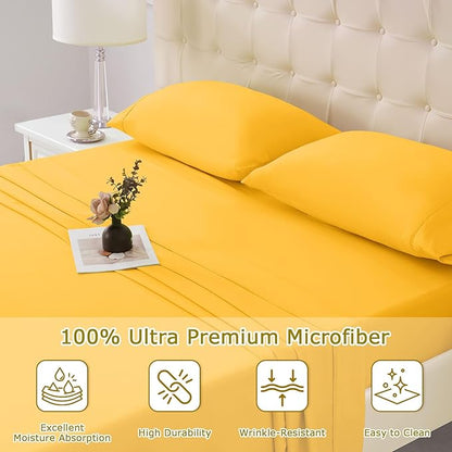 Full Size Bed Sheet Set - 4 Piece Soft Microfiber Sheets with Deep Pockets, Cooling Technology, and Wrinkle-Free Pillowcase. Hotel-Quality, Durable Bedding, Spectra Yellow