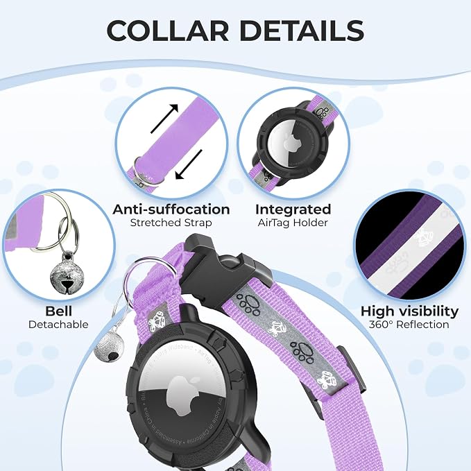 Breakaway AirTag Cat Collar, Reflective Cat Tracker Collar with Bell | Built in AirTag Holder, Adjustable 8.5-12in for Cats, Kittens and Puppies, Safety Elastic Band, Reflective for Night Walking