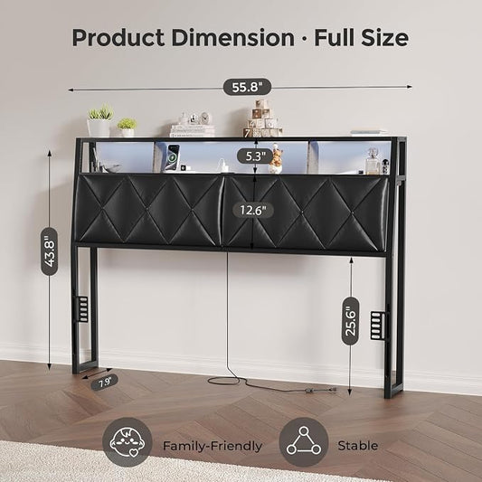 Full Headboard Only, Headboard for Full Size Bed with Storage, Upholstered Headboards with LED Lights & Charging Station, Attach Frame, Ideal for Bedroom/Dorm/Guest Room, Black, Faux Leather