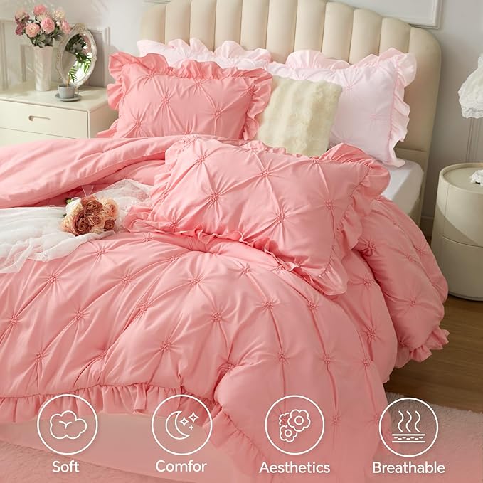 BEDELITE Pink King Size Comforter Set - 3 Pieces Boho Ruffle Pintuck Bedding Comforter Sets, Lightweight Soft & Warm King Bedding Set with 2 Pillowcases for All Season