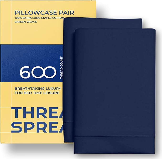 Thread Spread 100% Egyptian Cotton King Size Pillow Cases Set of 2 - Luxury 600 Series Bliss Collection Pillow Cases King Size (Navy Blue), Soft Cooling Hotel Cotton Pillowcases, Sateen Finish