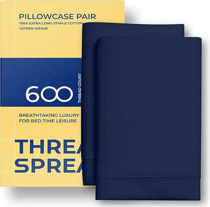 Thread Spread 100% Egyptian Cotton King Size Pillow Cases Set of 2 - Luxury 600 Series Bliss Collection Pillow Cases King Size (Navy Blue), Soft Cooling Hotel Cotton Pillowcases, Sateen Finish