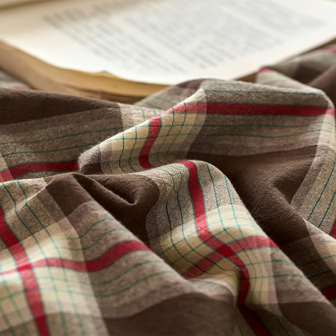 EAVD Vintage Brown Buffalo Plaid Comforter Set Twin XL Soft 100% Washed Cotton Brown&Red&Green Grid Checkered Bedding Set with 2 Pillowcases Retro Gingham Comforter Set for All-Season