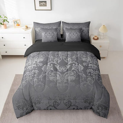Erosebridal Gothic Damask Bed in a Bag King Size Comforter Set 7 Pieces,Butterfly Skull Bedding Sets Silver Gray Victorian Floral Goth Sheet Set with Comforter