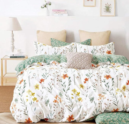 SLEEPBELLA Duvet Cover Set 600 Thread Count Cotton Bedding Set (Twin, White&Green Floral)