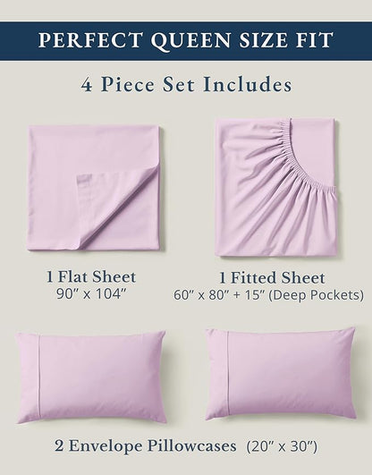 LANE LINEN 100% Organic Cotton Queen Sheets, Low Pill Fade Resistant Classic Percale Weave Bedsheets for Queen Size Bed, 15" Deep Pocket Sustainably Produced Mercerized Cotton Sheeting- Orchid Petal