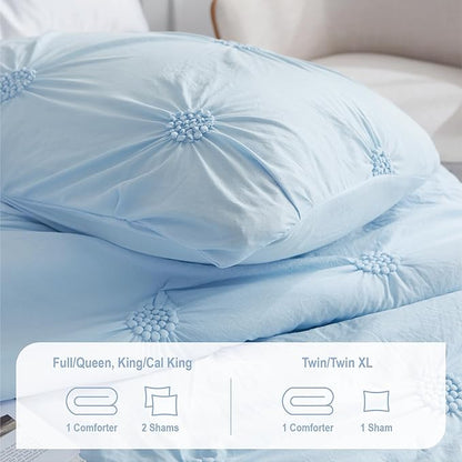 Swift Home King Baby Blue Comforter Set - Ruched 3D Floral Pintuck Bedding Set - 3 Pieces Bed Linen, 1 Comforter and 2 Pillow Shams