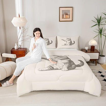Erosebridal Cat Comforter Set King Size Sketch Animal Bedding Set for Kids Boys Girls Kawaii Kitten 3D Cute Beige Black Comforter Warm Soft Quilt Insert